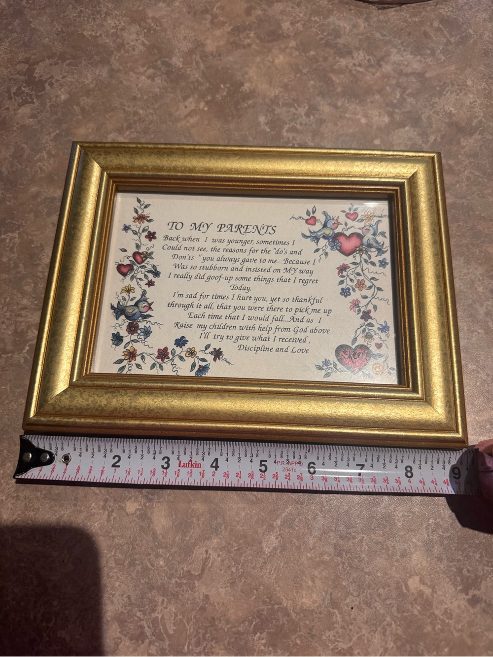 VINTAGE To My Parents Professionally Framed Wall Art Gold Tone Heart & Floral